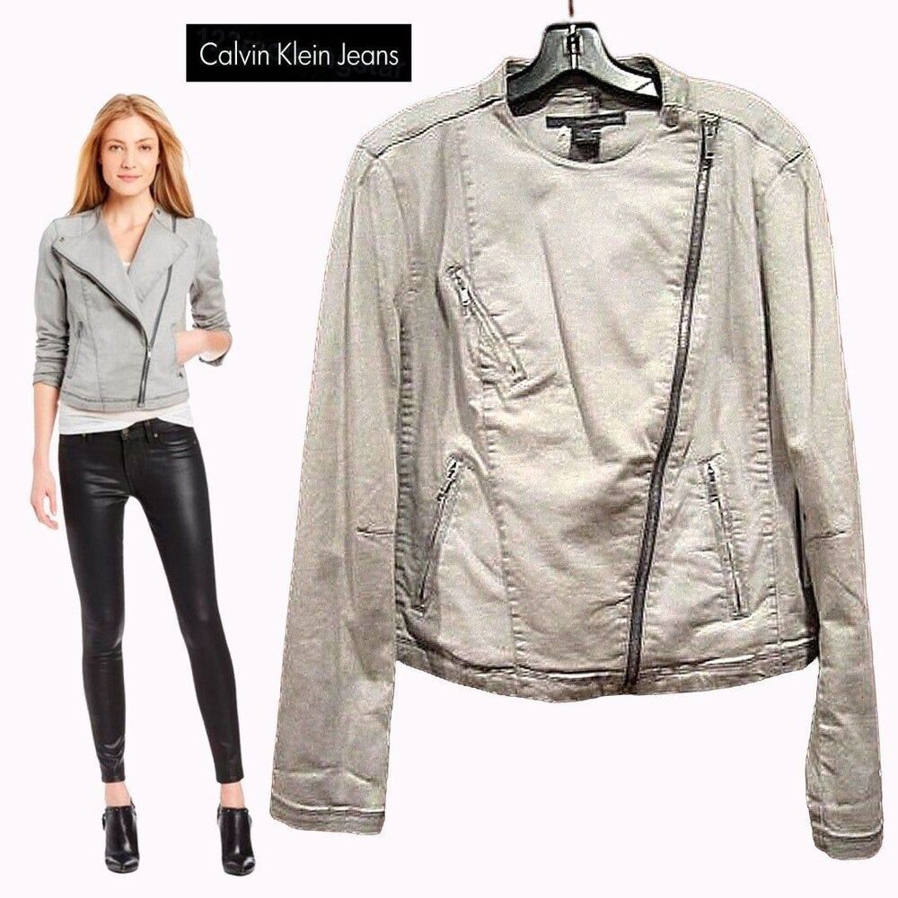 Calvin Klein Jeans NEW Grunge Moto Asymmetrical Zip Crop Denim Jacket L